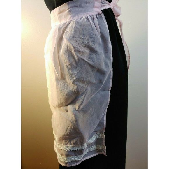 Vintage Pink‎ Half Apron Sheer Lace Trim Embroidered Pocket Hostess Apron T10 - Picture 3 of 4